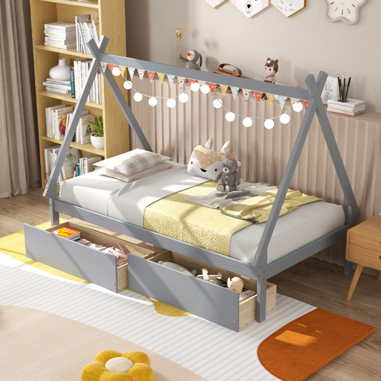 Twin Size Wooden Tent Platform House Bed with 2 Drawers - Image 2