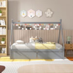 Twin Size Wooden Tent Platform House Bed with 2 Drawers - Image 3