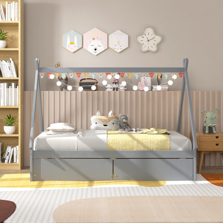 Twin Size Wooden Tent Platform House Bed with 2 Drawers - Image 3