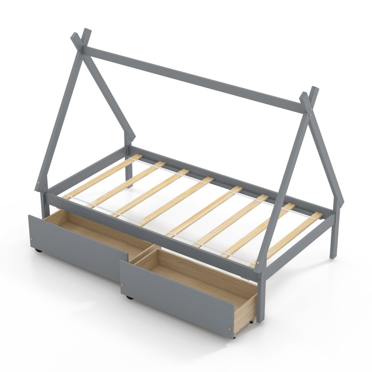 Twin Size Wooden Tent Platform House Bed with 2 Drawers - Image 1