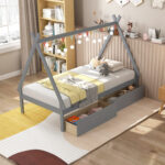 Twin Size Wooden Tent Platform House Bed with 2 Drawers - Image 6