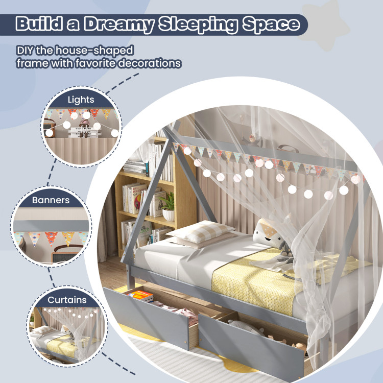 Twin Size Wooden Tent Platform House Bed with 2 Drawers - Image 7