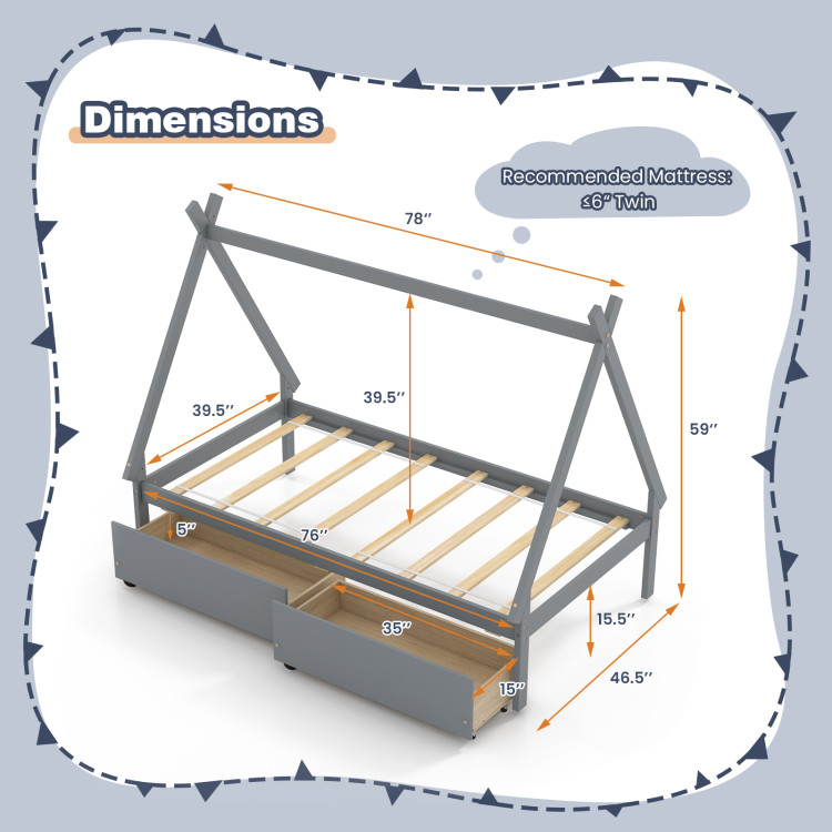 Twin Size Wooden Tent Platform House Bed with 2 Drawers - Image 4