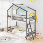 Twin over Twin House Bunk Bed with Roof and Guardrails for Kids - Image 2