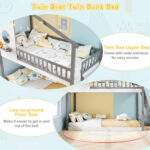 Twin over Twin House Bunk Bed with Roof and Guardrails for Kids - Image 9