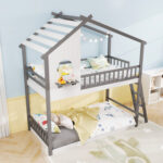 Twin over Twin House Bunk Bed with Roof and Guardrails for Kids - Image 3
