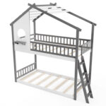 Twin over Twin House Bunk Bed with Roof and Guardrails for Kids