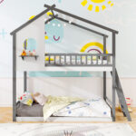 Twin over Twin House Bunk Bed with Roof and Guardrails for Kids - Image 5