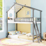 Twin over Twin House Bunk Bed with Roof and Guardrails for Kids - Image 6