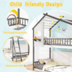 Twin over Twin House Bunk Bed with Roof and Guardrails for Kids - Image 7