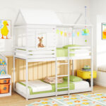 Twin over Twin House Bunk Bed with Roof and Full-length Guardrails - Image 3