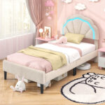 Upholstered LED Bed Frame with Adjustable Flower Headboard and Metal Support Feet - Image 2