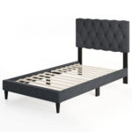 Upholstered Platform Bed with Tufted Headboard and Wooden Slats Gray
