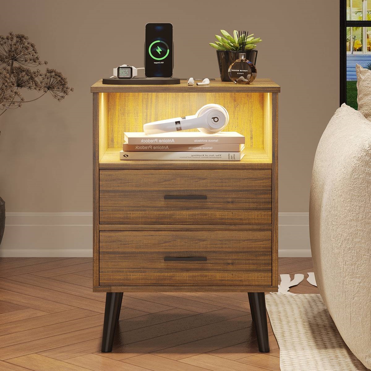 Walnut Modern Lighted LED USP Port 2-Drawer Side Table Nightstand