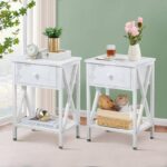 Set of 2 - Rustic Farmhouse 1-Drawer Nightstand Bedside Table in White