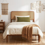 Wooden Boho Rattan Brown Bed Frame with Wooden Slat Support - Image 2