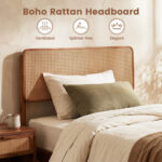 Wooden Boho Rattan Brown Bed Frame with Wooden Slat Support - Image 7
