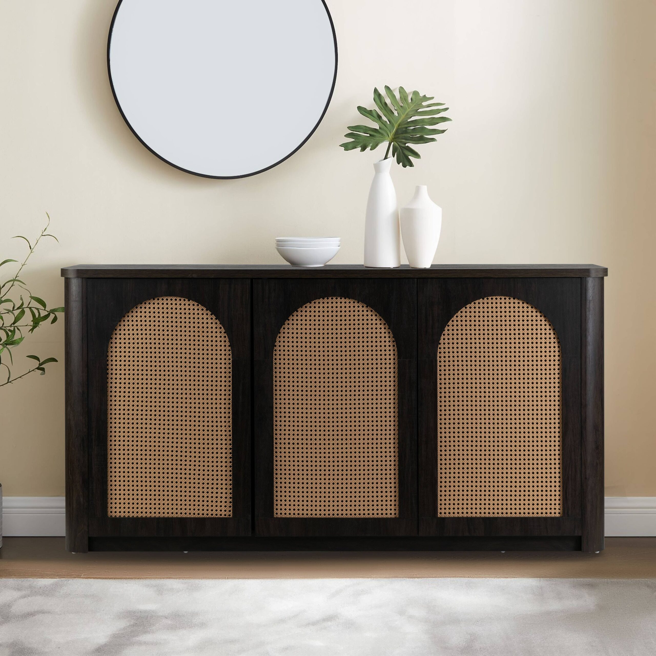 Bistra Brown Walnut Wood Sideboard with Rattan Doors