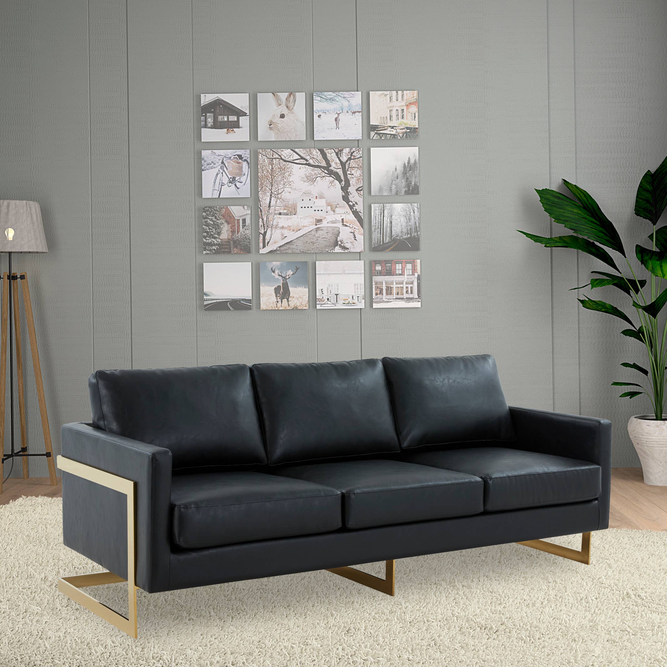 Lincoln 3-Seater Velvet/Leather Sofa in Gold Steel Base