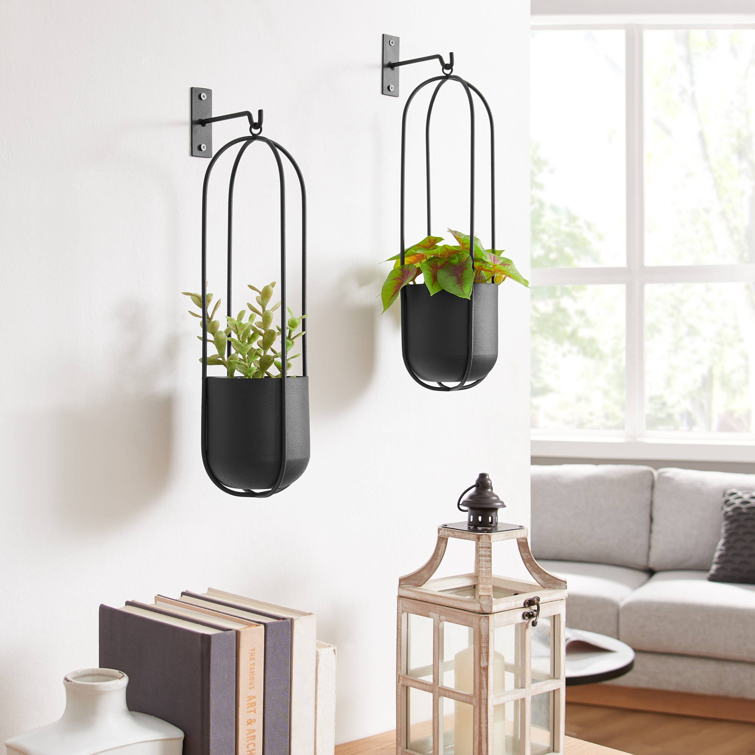 Walter 2-Piece Modern Black Oval Hanging Wall Planter Set