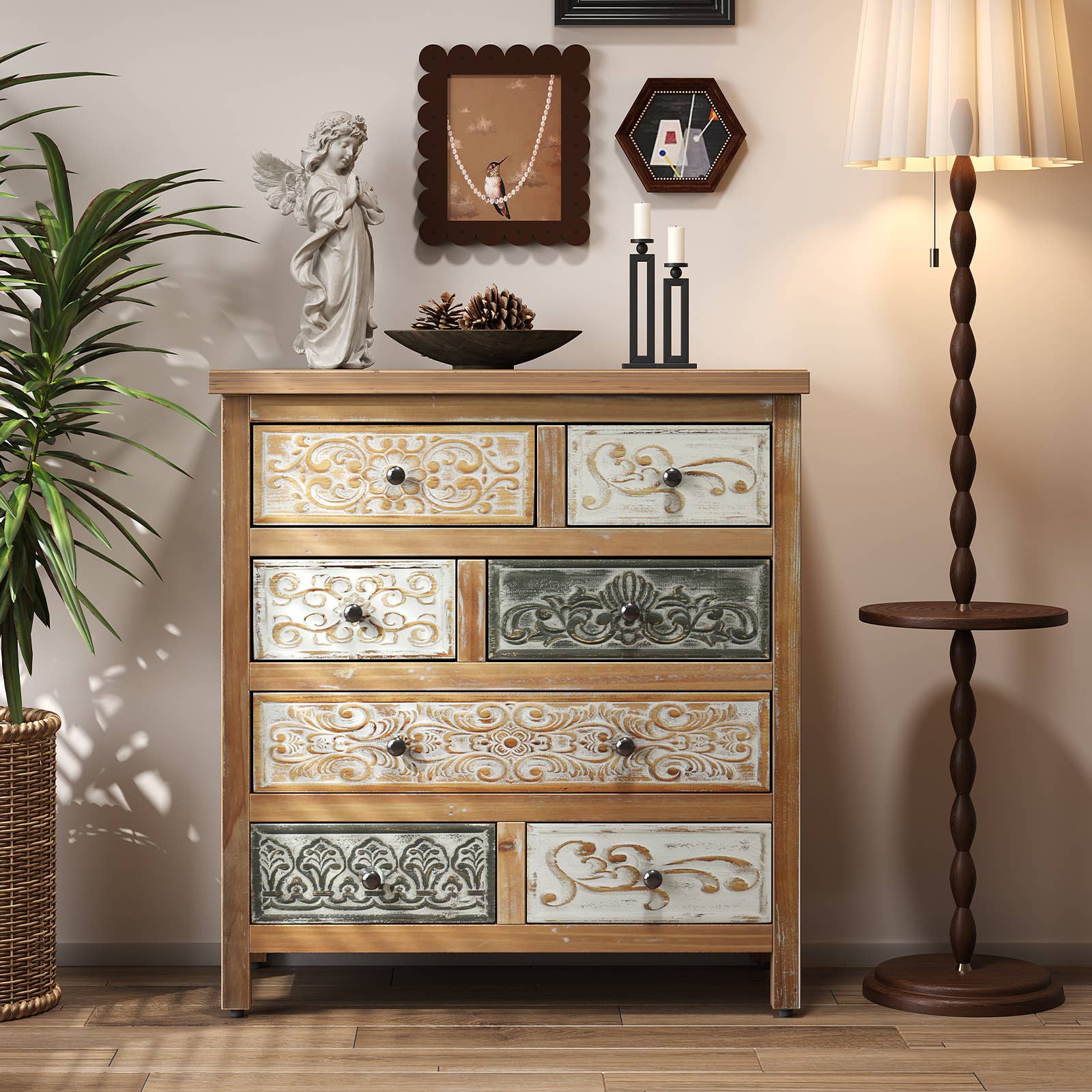 Vintage Wooden Accent Chest with 6 Drawers, Rustic Multicolor Carved Storage Dresser for Bedroom, Living Room, Farmhouse Style Decor 25.59" L x 12.6" W x 33.07" H