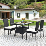 5 Pieces Rattan Dining Set with Glass Table and High Back Chair - Image 2