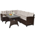 3 Pieces Hand-Woven Rattan Outdoor Sofa Set with Dining Table - Image 4