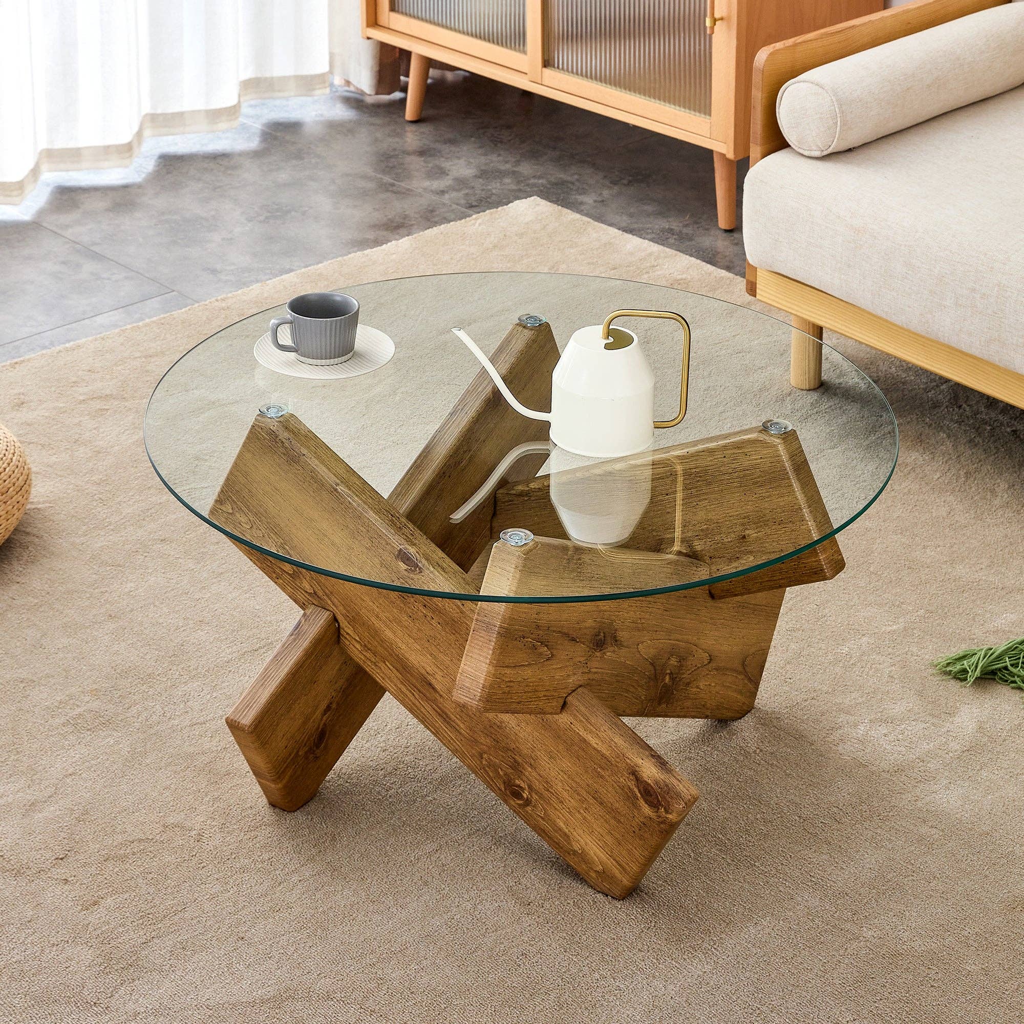 Modern Round Glass & Natural Wood Coffee Table