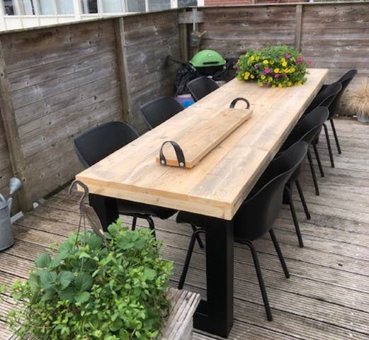 Scaffold Wood Garden Table With Industrial Steel Base - B2B