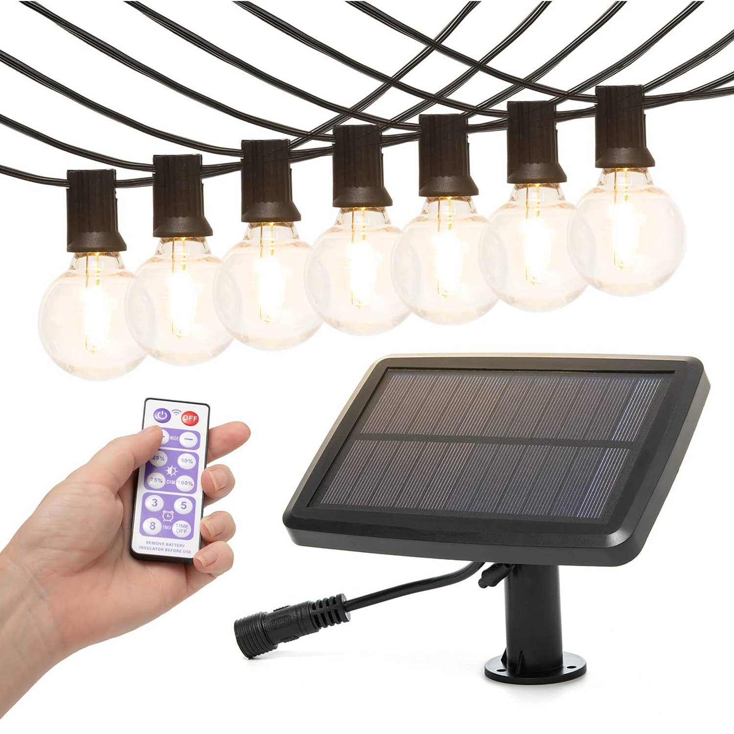 Solar Outdoor String Lights 25 Ft with 15 Edison Bulbs, Outdoor Lights for Patio LED Bulb G40 Warm White Light, Waterproof for Christmas Party, Garden Porch Deck, USB Charging
