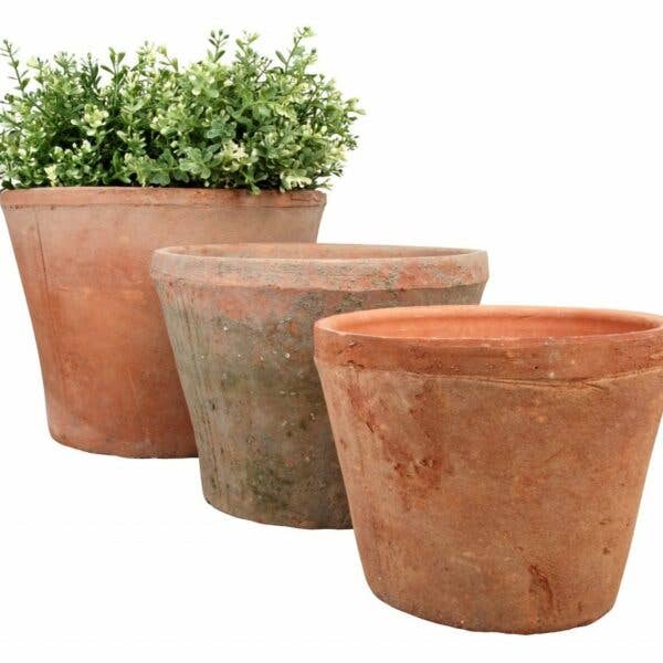 Aged Terracotta Set of 3 Round Flower Pots - Large