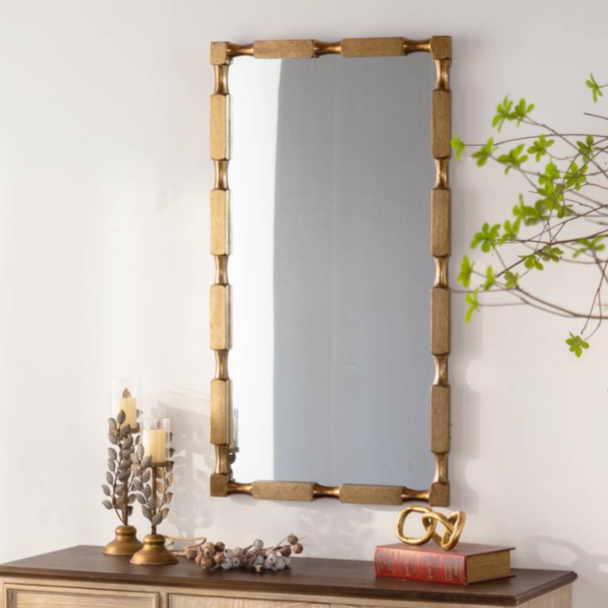 Gold Bamboo Style Rectangular Wall Mirror, Textured Frame for Living Room Bedroom Entryway Decor