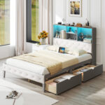 Full Size Bed Frame with Bookcase Headboard and LED Lights - Image 2
