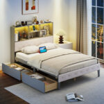 Full Size Bed Frame with Bookcase Headboard and LED Lights - Image 5