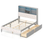Full Size Bed Frame with Bookcase Headboard and LED Lights