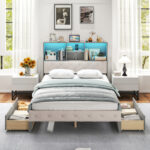 Full Size Bed Frame with Bookcase Headboard and LED Lights - Image 3