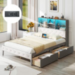 Full Size Bed Frame with Bookcase Headboard and LED Lights - Image 6
