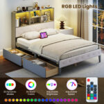 Full Size Bed Frame with Bookcase Headboard and LED Lights - Image 8