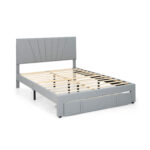 Full/Queen Size Upholstered Bed Frame with Drawer and Adjustable Headboard