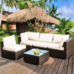 5 Pieces Cushioned Patio Rattan Furniture Set with Glass Table - Image 3