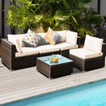 5 Pieces Cushioned Patio Rattan Furniture Set with Glass Table - Image 2
