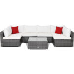 7 Pieces Patio Rattan Furniture Set with Sectional Sofa Cushioned