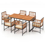 7 Pieces Patio Acacia Wood Dining Set with Soft Cushions and Umbrella Hole