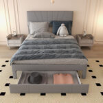 Full/Queen Size Upholstered Bed Frame with Drawer and Adjustable Headboard - Image 3