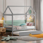 Kids Platform Bed Frame with Roof for Bedroom - Image 3