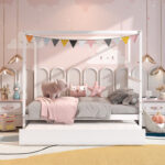 Full Size Canopy Bed Frame with Trundle and Headboard for Kids - Image 4