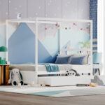 Full Size Canopy Bed Frame with Trundle and Headboard for Kids - Image 10