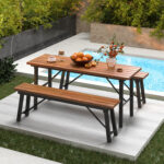 Outdoor Dining Table and Bench Set with Acacia Wood Top for Yard Garden Poolside - Image 2
