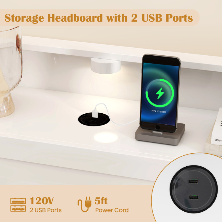 Twin/Full Size Bed Frame with 2 USB Ports with Storage Headboard and Lights - Image 7