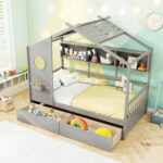 Twin Size House Bed with 2 Storage Drawers and Fence Guardrails - Image 2